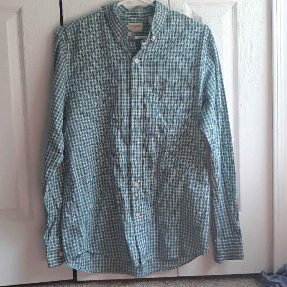 Teal and white collaredplaid dress shirt